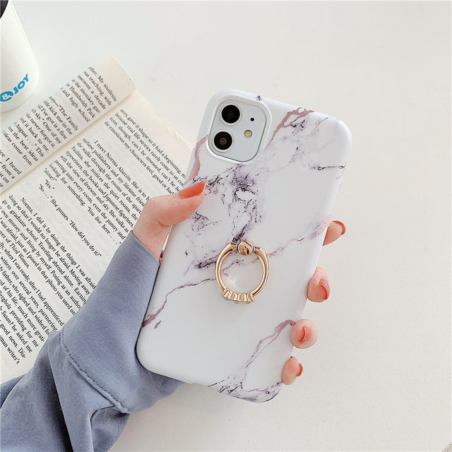 Ring Holder Purple Soft Phone Case For iPhone 13 12 11 Pro XS Max XR X 7 8 Plus SE Stand Back Cover Granite Stone Marble Texture