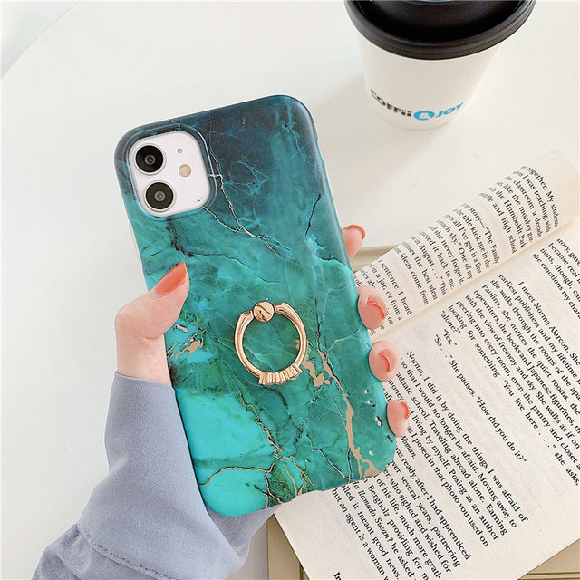 Ring Holder Purple Soft Phone Case For iPhone 13 12 11 Pro XS Max XR X 7 8 Plus SE Stand Back Cover Granite Stone Marble Texture