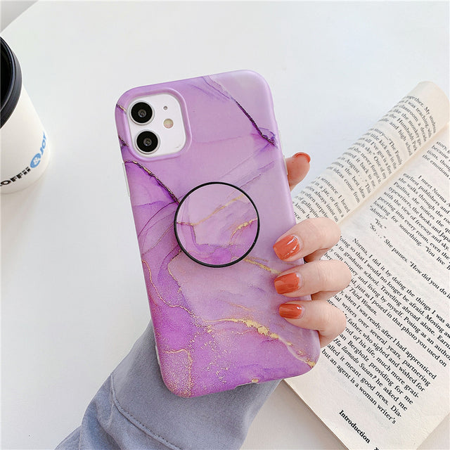 Ring Holder Purple Soft Phone Case For iPhone 13 12 11 Pro XS Max XR X 7 8 Plus SE Stand Back Cover Granite Stone Marble Texture