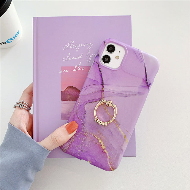 Ring Holder Purple Soft Phone Case For iPhone 13 12 11 Pro XS Max XR X 7 8 Plus SE Stand Back Cover Granite Stone Marble Texture