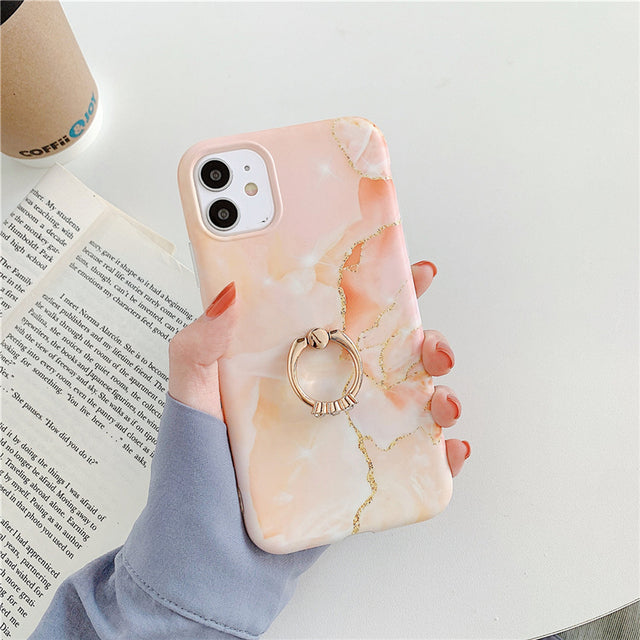 Ring Holder Purple Soft Phone Case For iPhone 13 12 11 Pro XS Max XR X 7 8 Plus SE Stand Back Cover Granite Stone Marble Texture